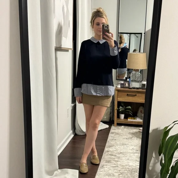 Navy Preppy Style Blouse / Attached Pin Stripe Sleeves & Collar - Picture 5 of 11